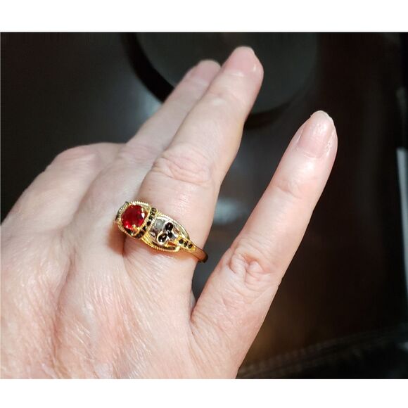 Men's Gold Red Stone Double Silver Carved Skull Ring Women's Thumb Ring Size 10 - Picture 8 of 10